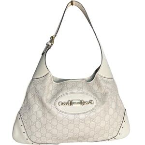 Gucci Guccissima White Leather Punch Hobo Bag with Horsebit Interior